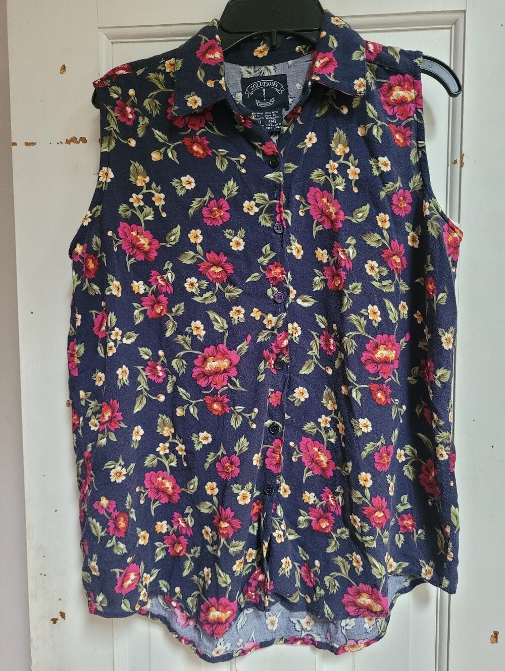 Vintage Floral Top Sleeveless Button Down Collared Shirt Navy Pink Medium Rayon